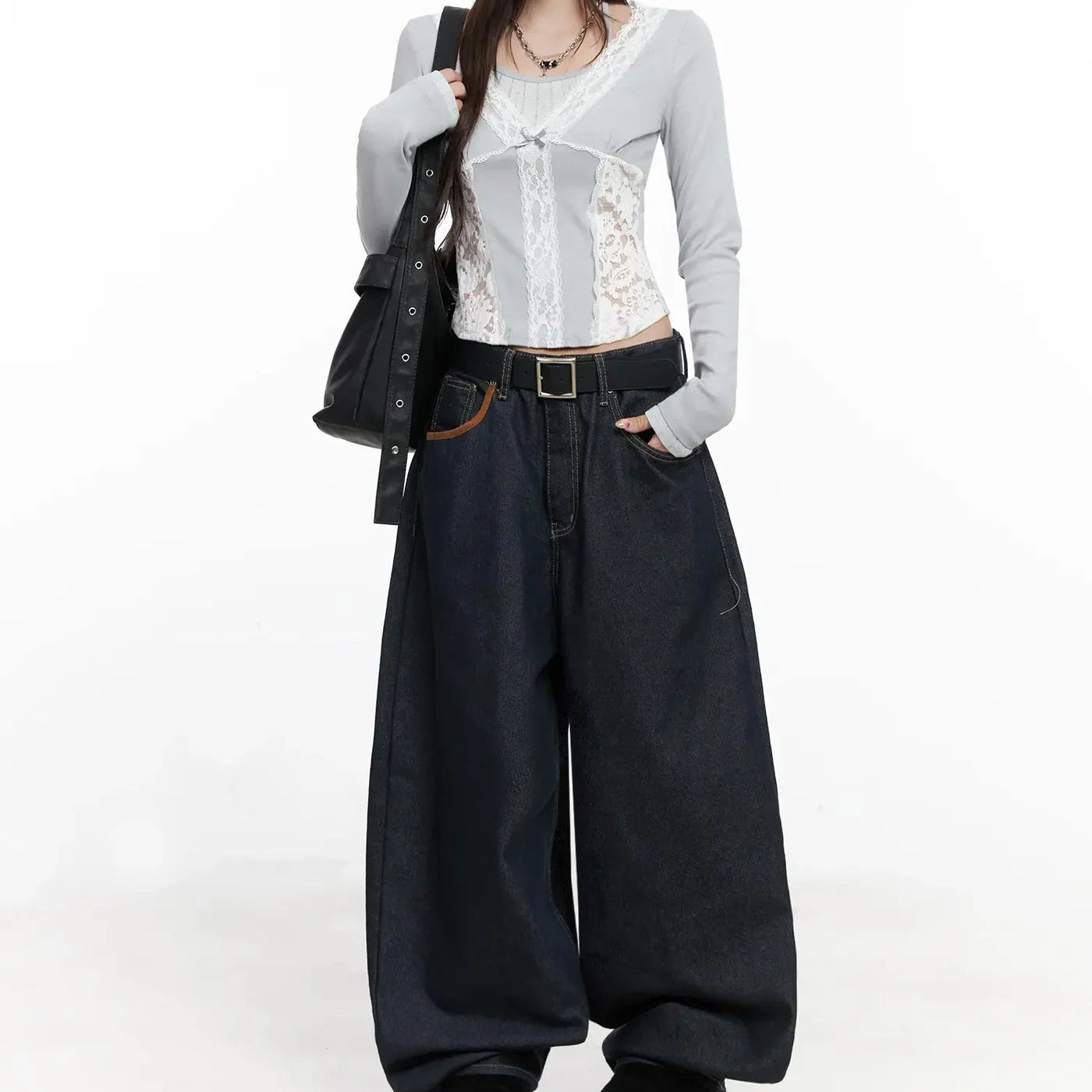 [假兩件] 掛頸背心LACE拼布層次長袖/ 3色