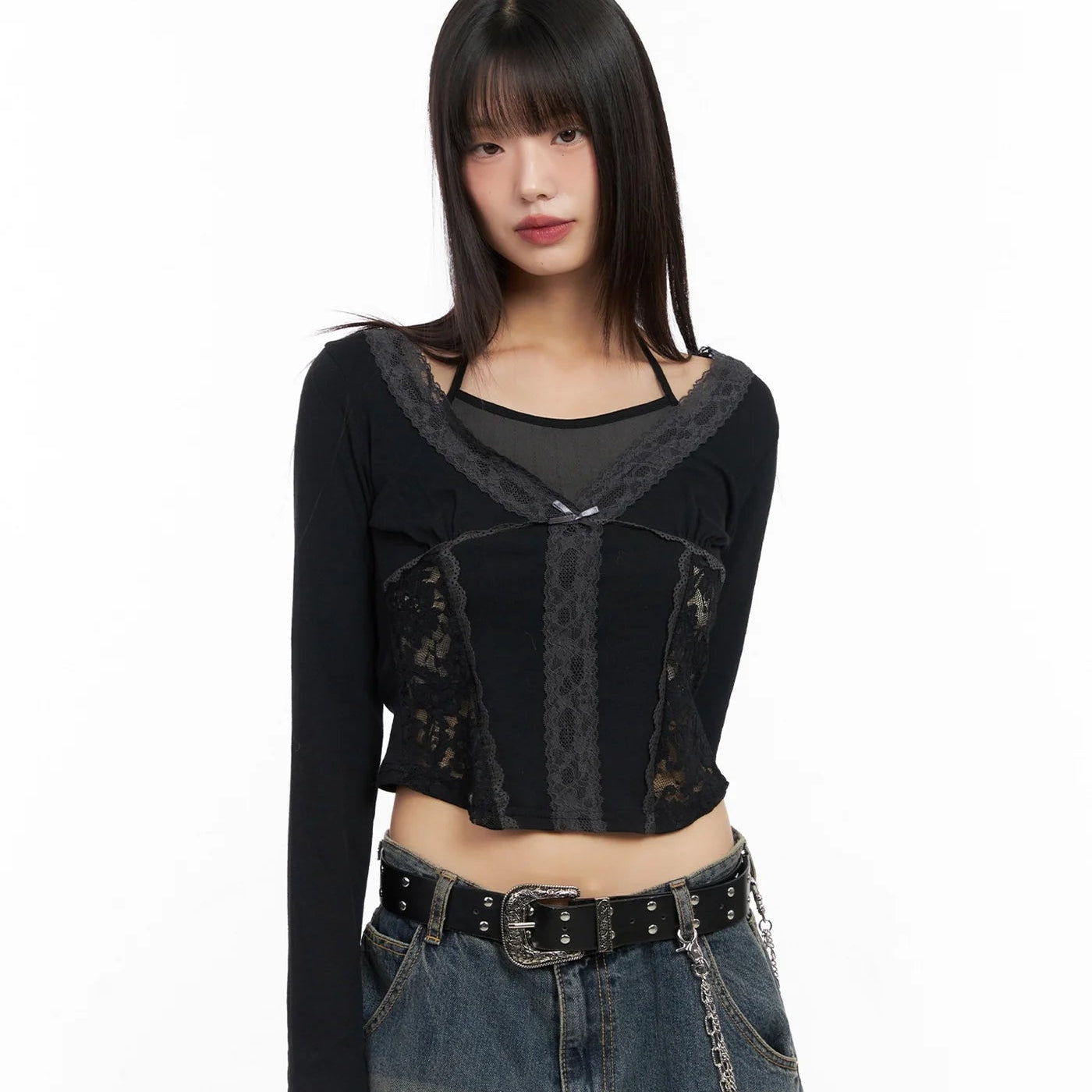 [假兩件] 掛頸背心LACE拼布層次長袖/ 3色