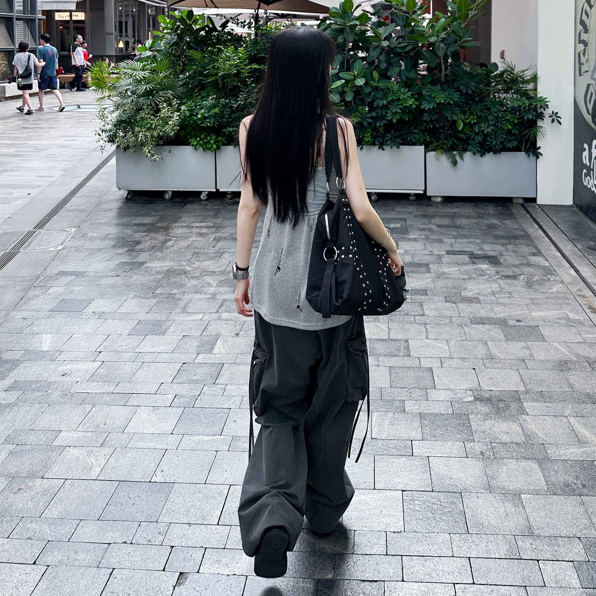 [UNISEX] 極高腰水洗STRING CARGO BANDING PANTS/ 2色