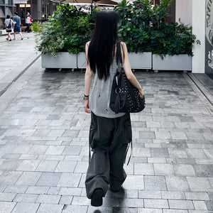 [UNISEX] 極高腰水洗STRING CARGO BANDING PANTS/ 2色