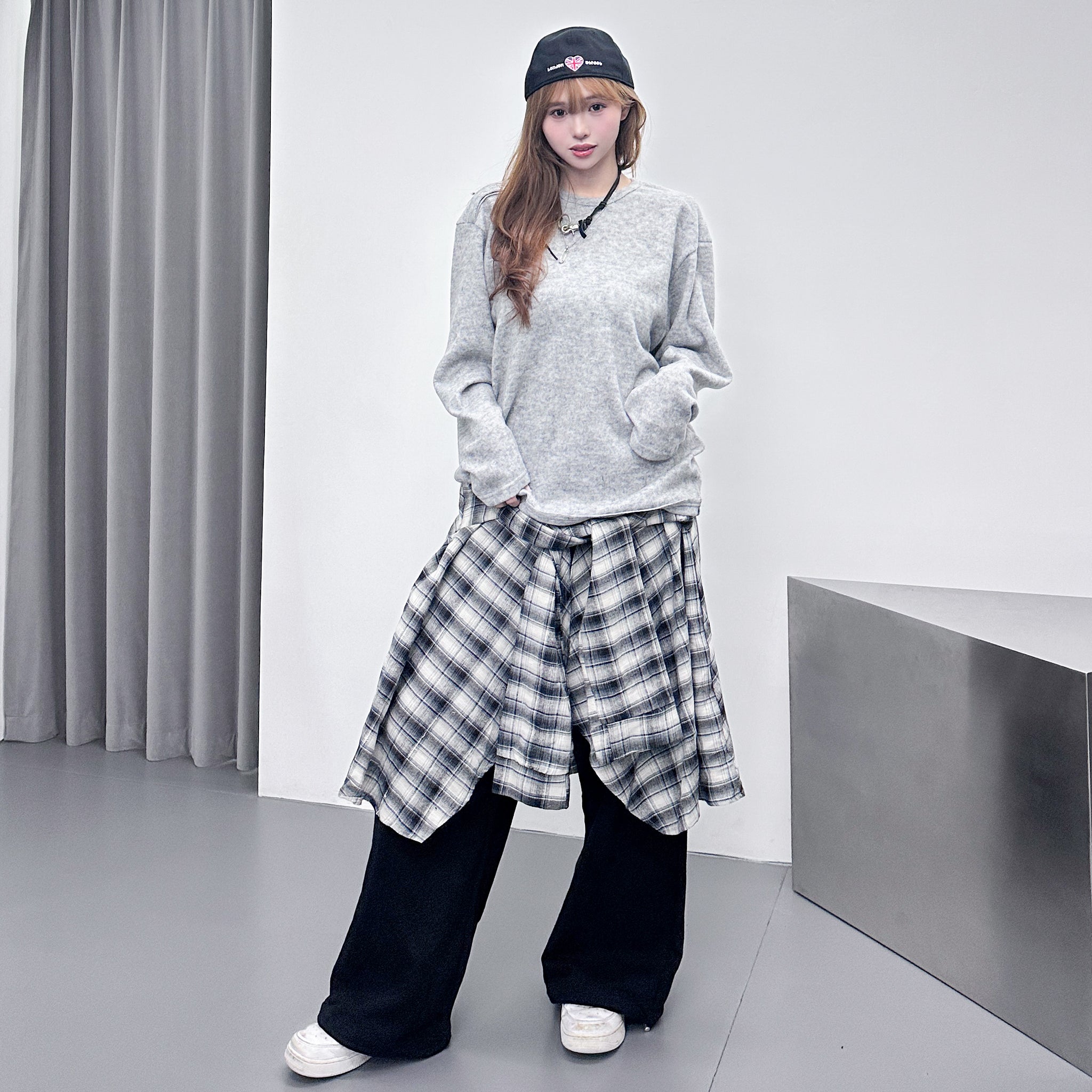 [UNISEX] 假兩件棉褲DOUBLE LAYER CHECK SWEATPANTS/ 2色