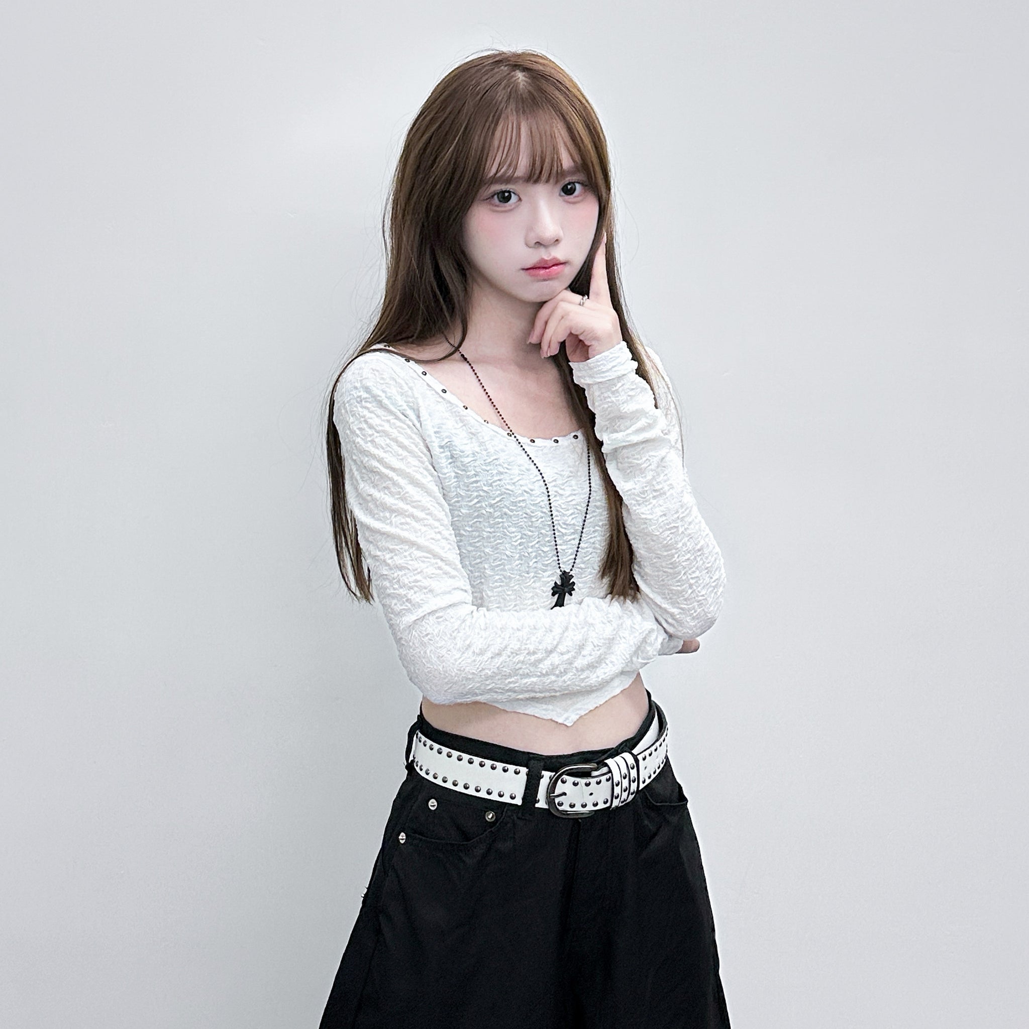 [連頸鏈!] 2WAY GINA STUDDED LONG SLEEVE CROP TOP with necklace/ 2色