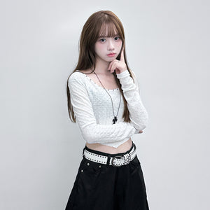 [連頸鏈!] 2WAY GINA STUDDED LONG SLEEVE CROP TOP with necklace/ 2色
