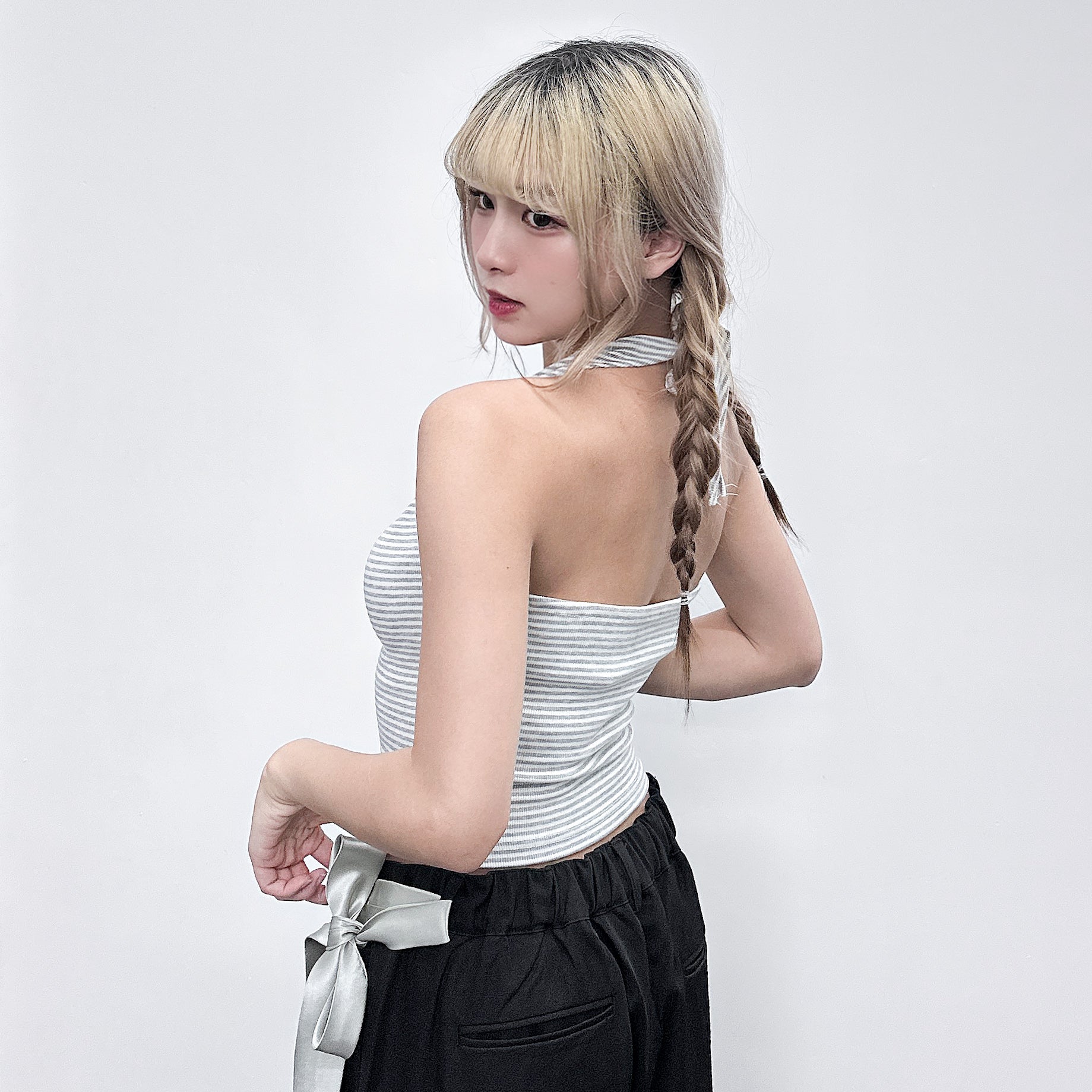 STRIPE HALTER NECK SLEEVELESS TOP/ 2色