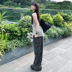 [UNISEX] 極高腰水洗STRING CARGO BANDING PANTS/ 2色