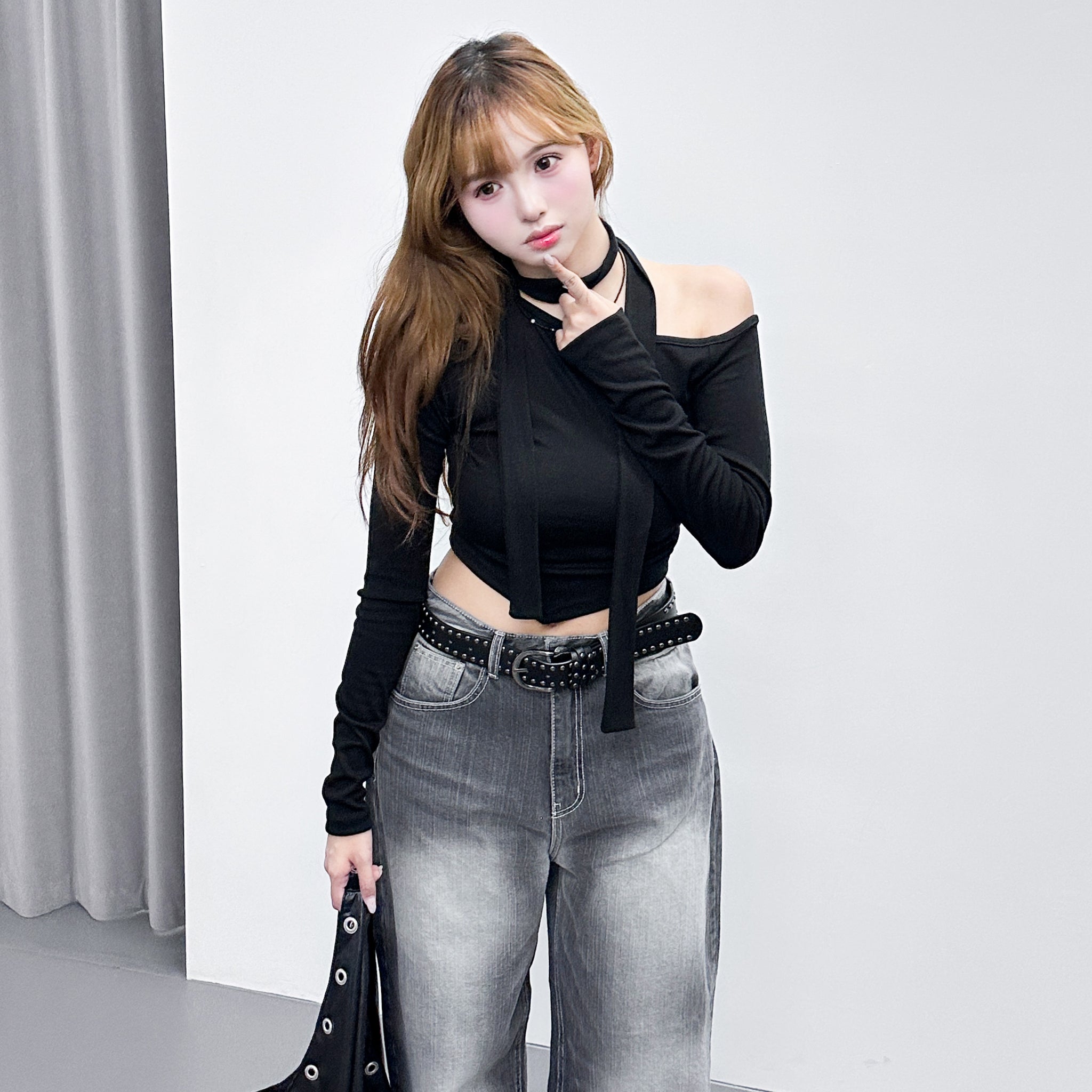 [SET] UNBALANCED ONE-OFF SHOULDER TOP WITH SCARF/ 3色