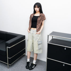 [BEST] BUTTONED CARGO BERMUDA DENIM PANTS/ 2色