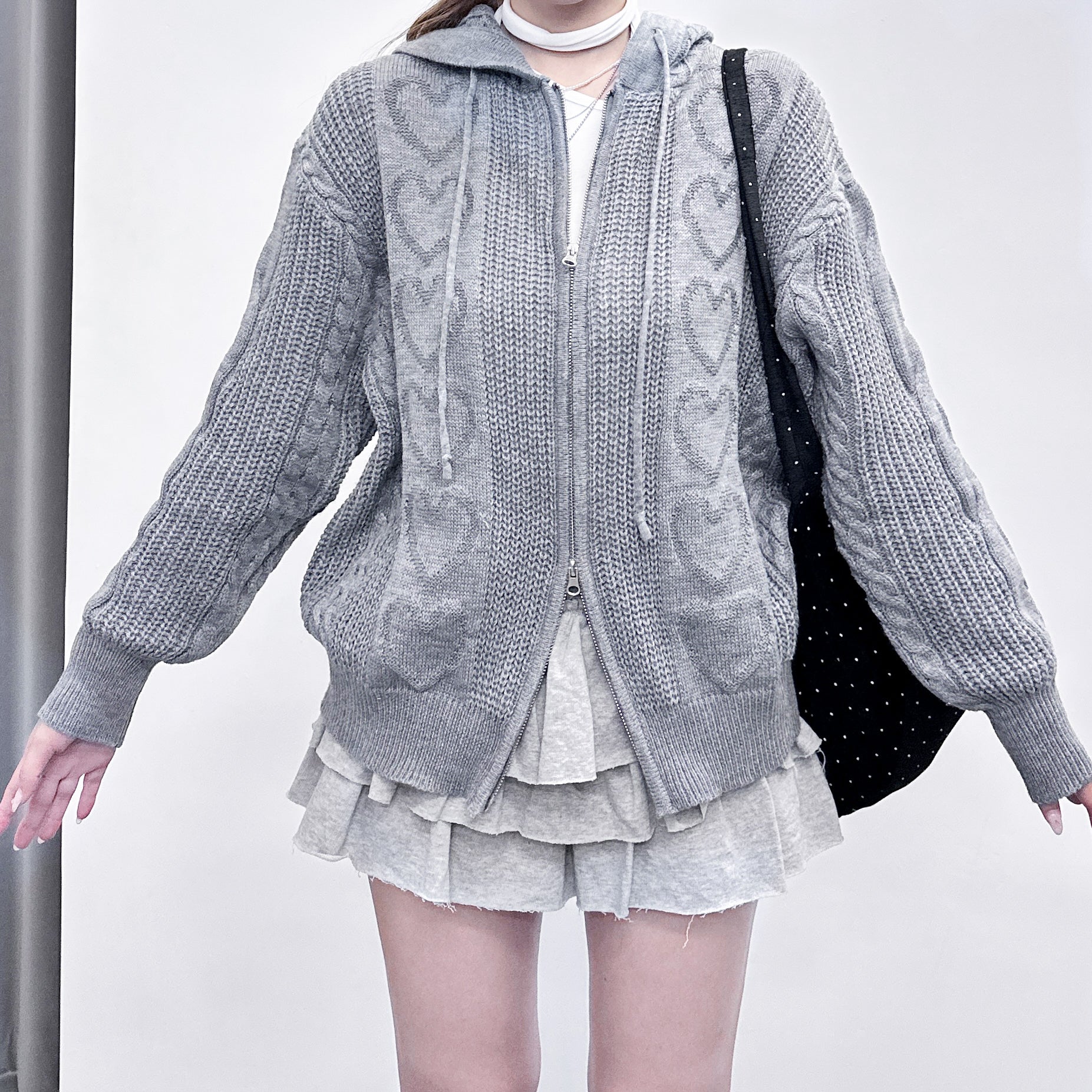 HEART CABLES ZIP-UP HOODED KNITWEAR/ 2色