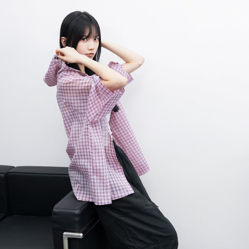 SUMMER CHECKED BUTTON-UP HOODED SHIRT/ 1色