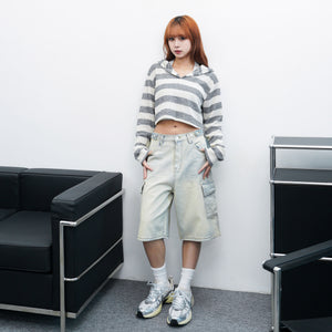 [BEST] BUTTONED CARGO BERMUDA DENIM PANTS/ 2色