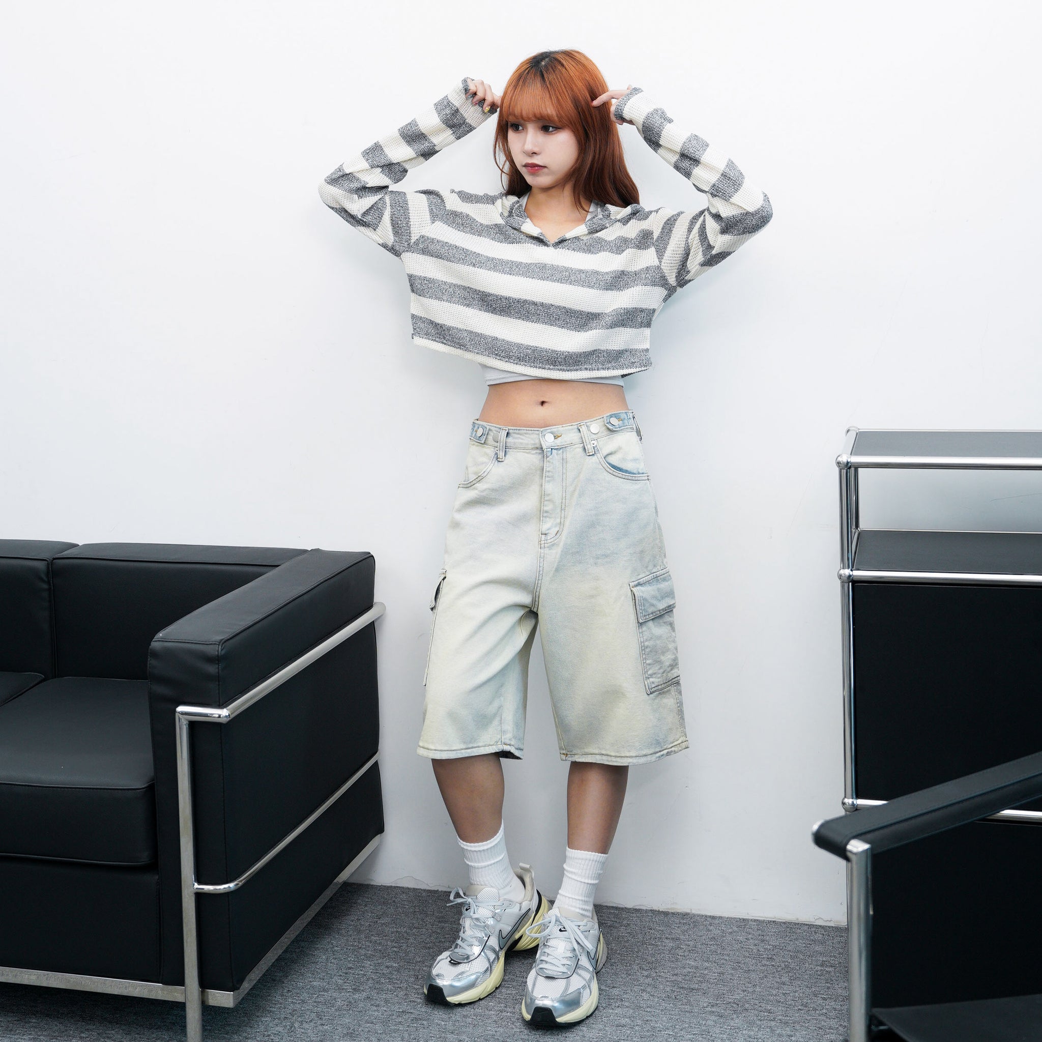 [BEST] BUTTONED CARGO BERMUDA DENIM PANTS/ 2色