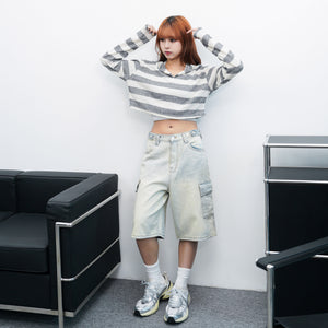[BEST] BUTTONED CARGO BERMUDA DENIM PANTS/ 2色