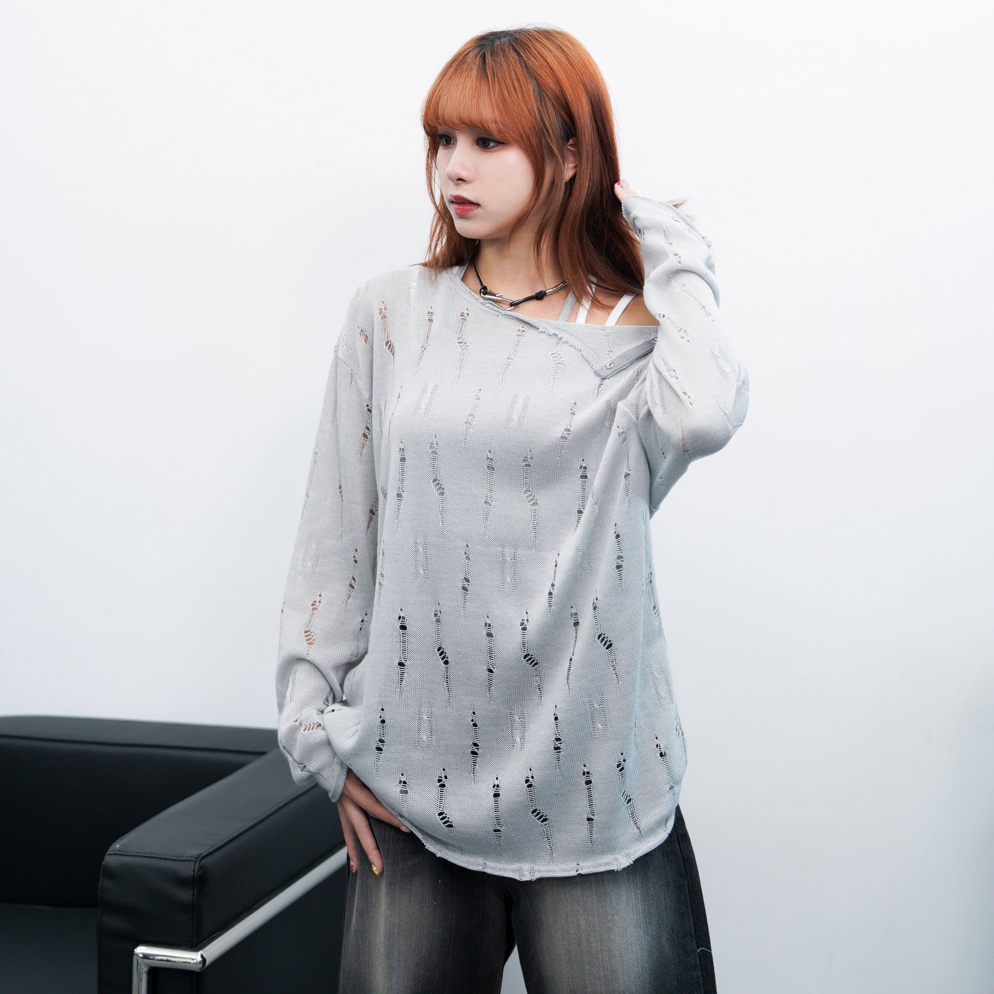 左肩啪啪鈕DAMAGE KNITWEAR/ 2色