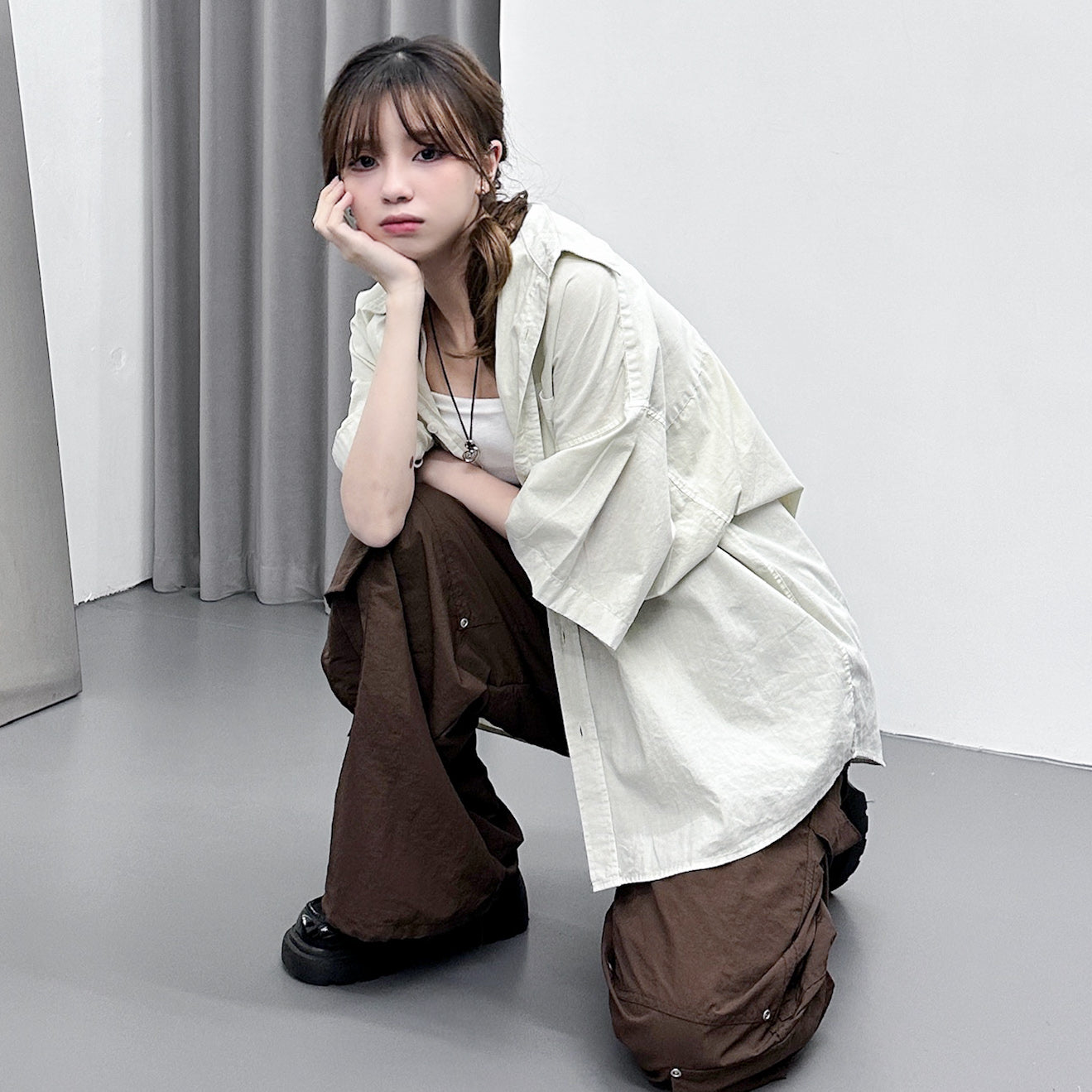 [UNISEX] RIVET WIDE NYLON PANTS/ 1色