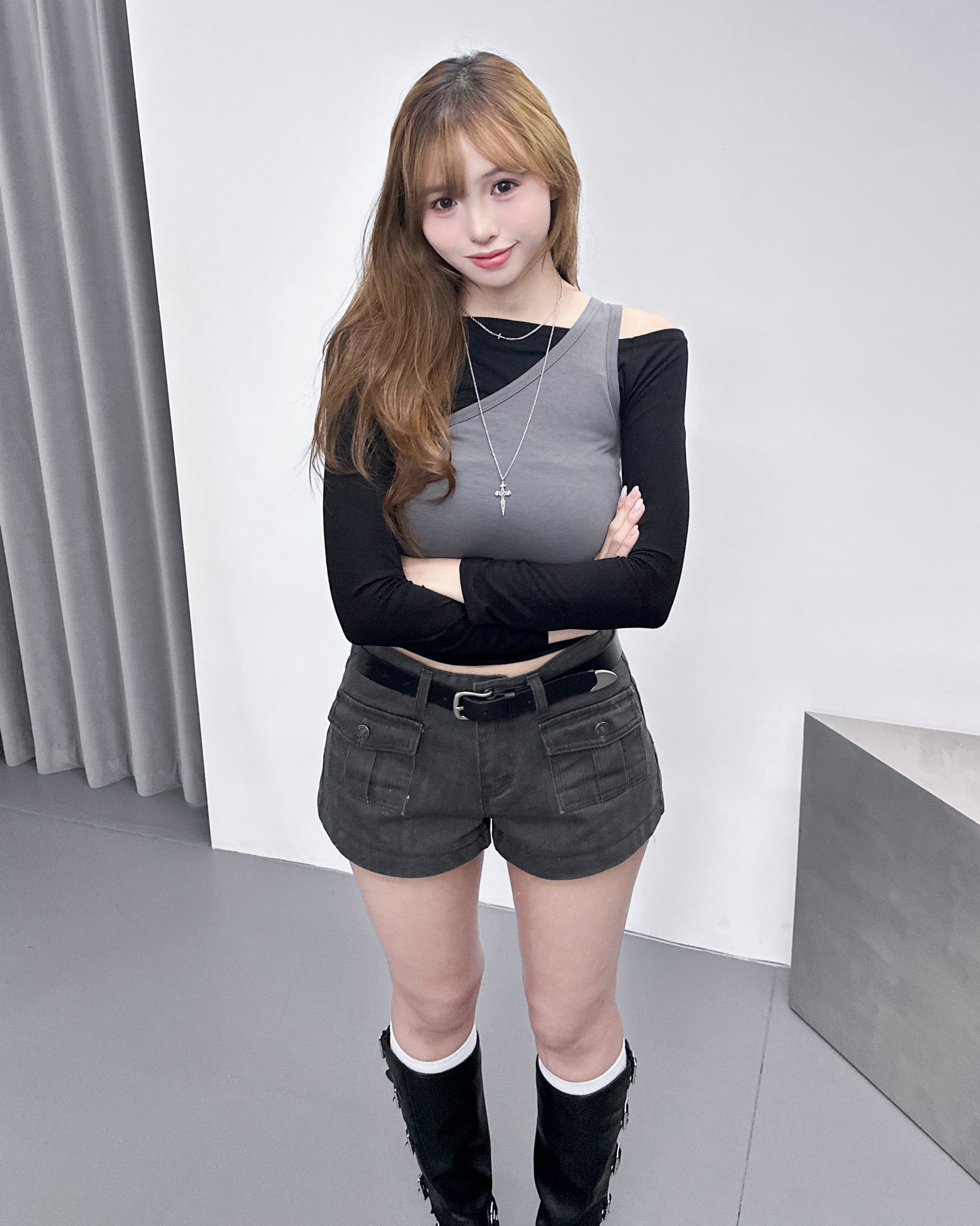 [假兩件] NANA OFF SHOULDER LONG SLEEVE TOP/ 2色