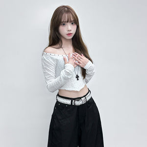 [連頸鏈!] 2WAY GINA STUDDED LONG SLEEVE CROP TOP with necklace/ 2色