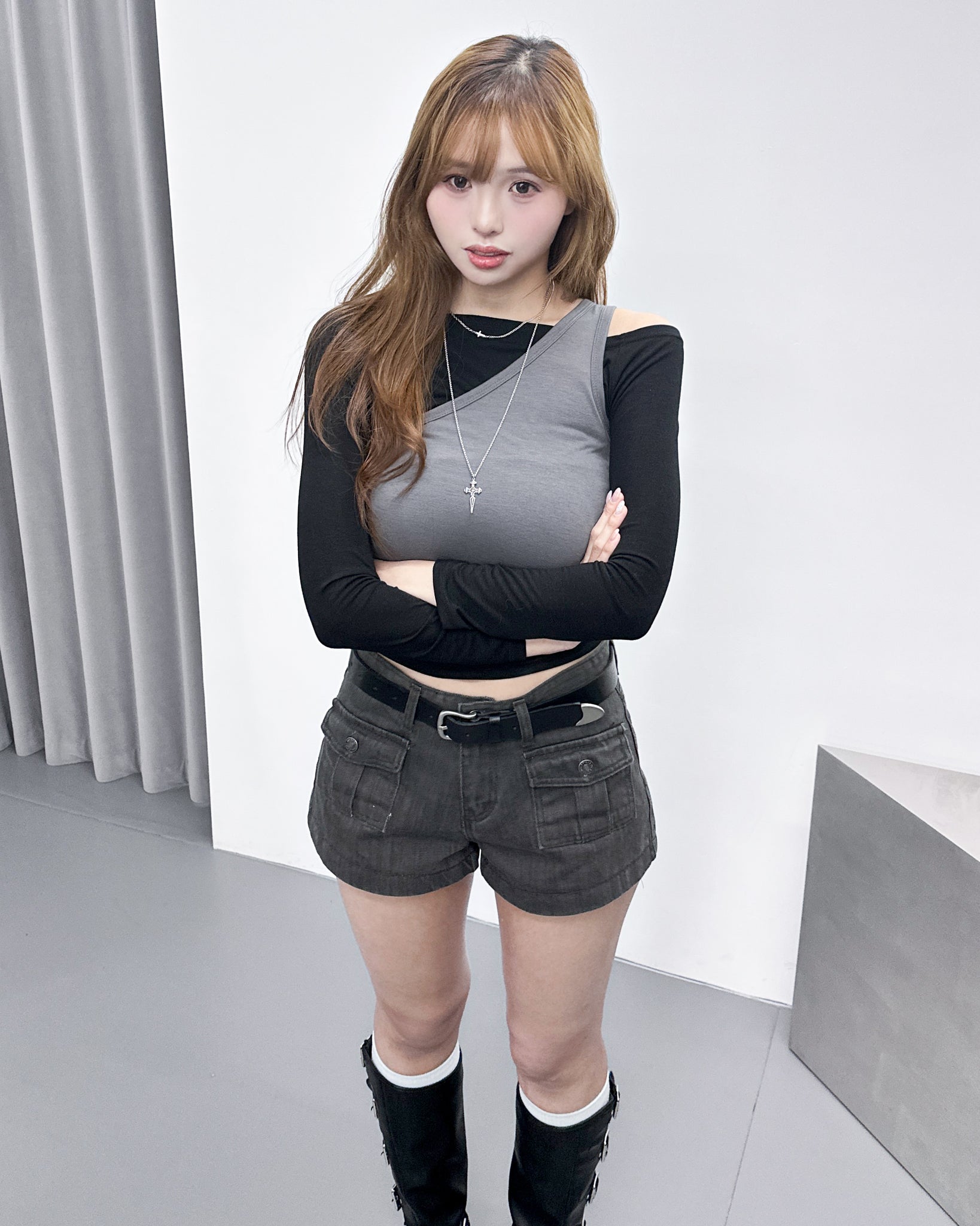 [假兩件] NANA OFF SHOULDER LONG SLEEVE TOP/ 2色