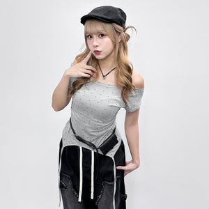 [韓妹必備] 2WAY STARS BOAT-NECK TEE/ 3色