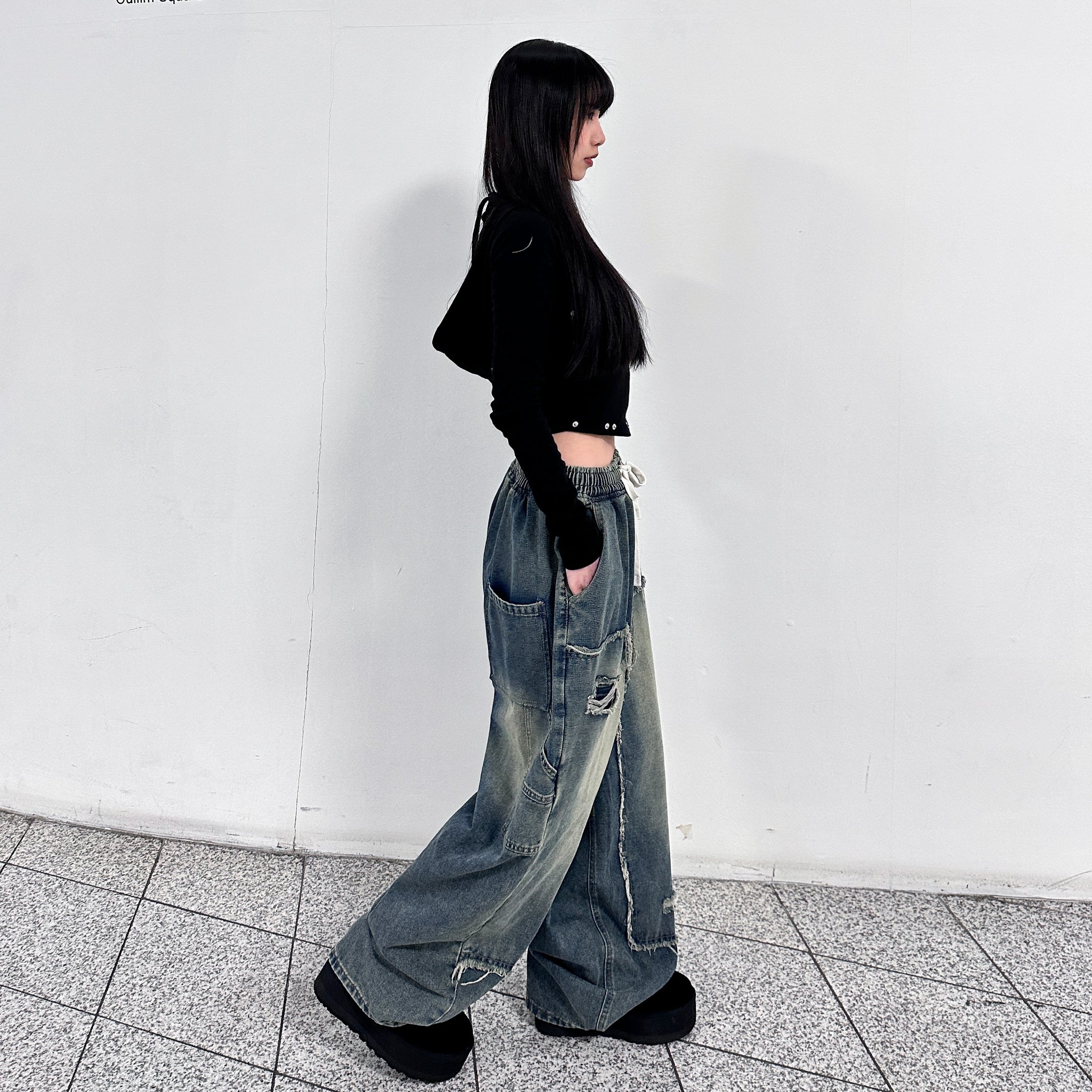 [BEST] UNISEX做舊復古蘇蘇邊SUPER WIDE DENIM PANTS/ 2色