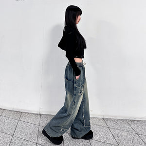 [BEST] UNISEX做舊復古蘇蘇邊SUPER WIDE DENIM PANTS/ 2色