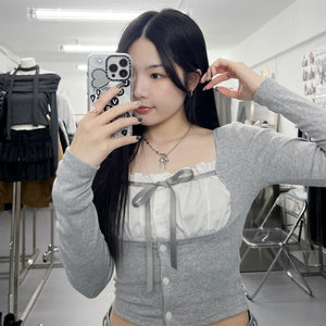 [BEST] 雙材質層次PLEATED RIBBON LONG SLEEVE TOP/ 2色
