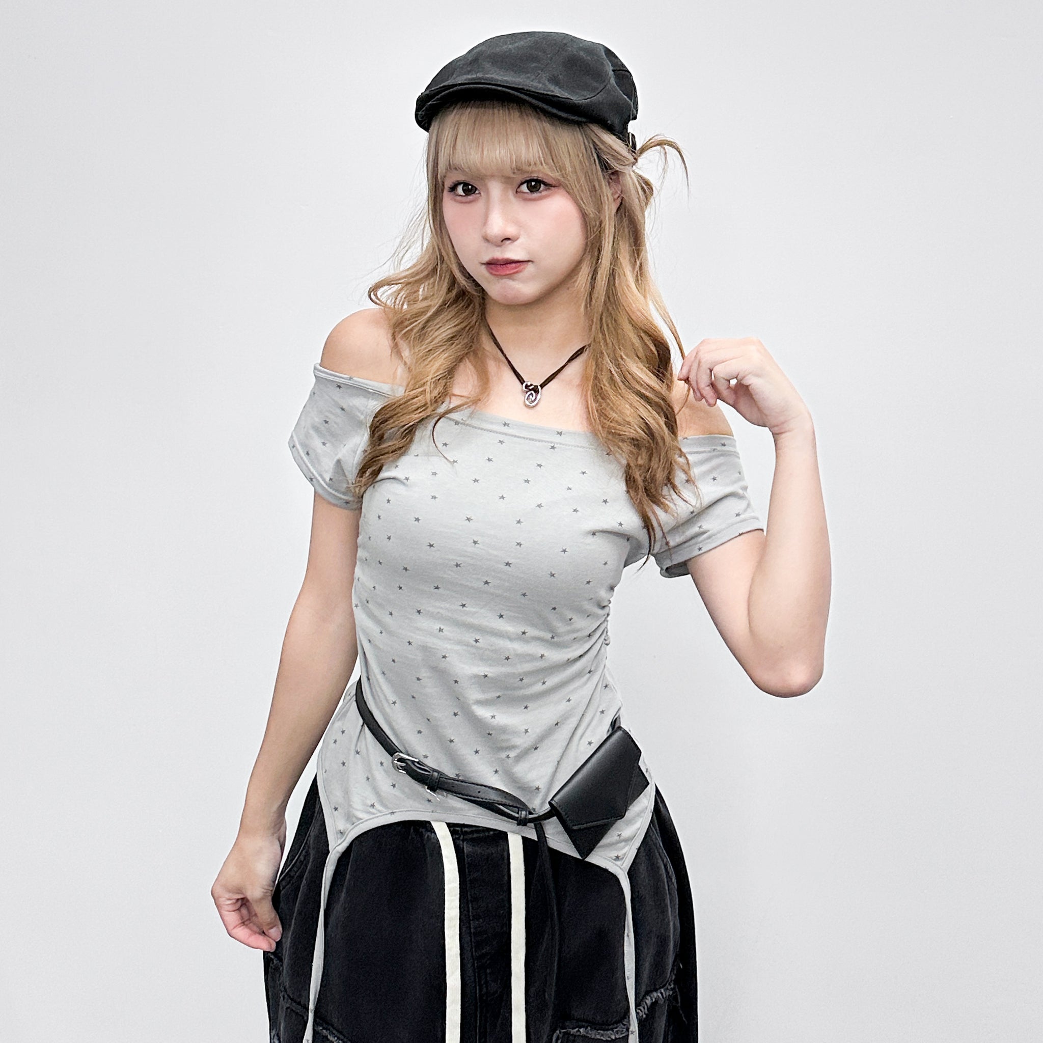 [韓妹必備] 2WAY STARS BOAT-NECK TEE/ 3色