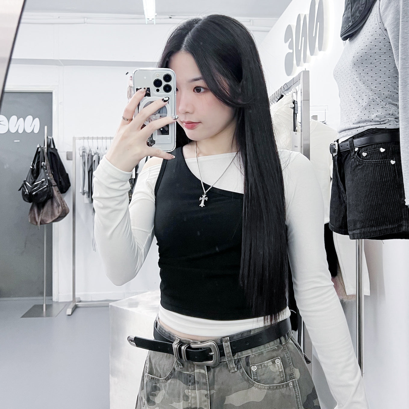 [假兩件] NANA OFF SHOULDER LONG SLEEVE TOP/ 2色