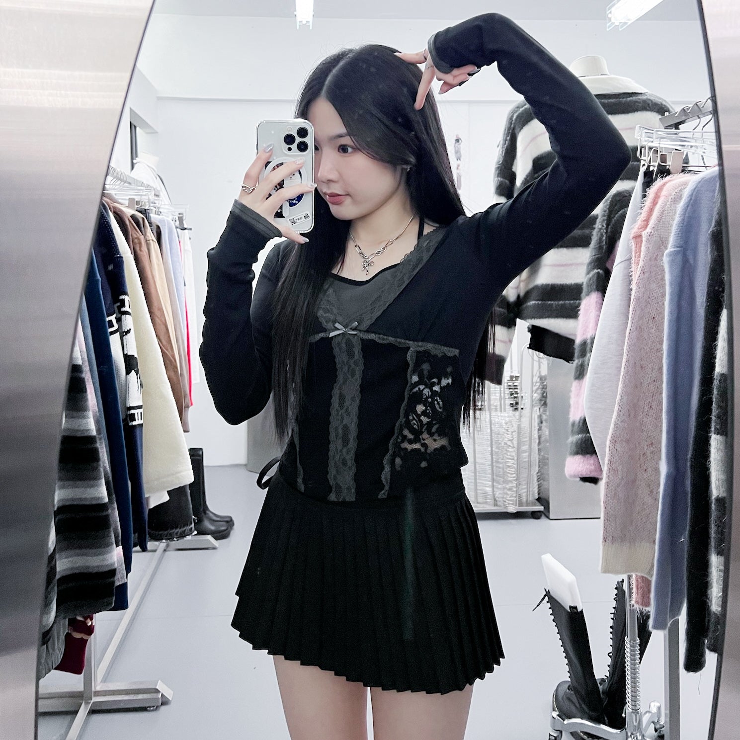 [假兩件] 掛頸背心LACE拼布層次長袖/ 3色