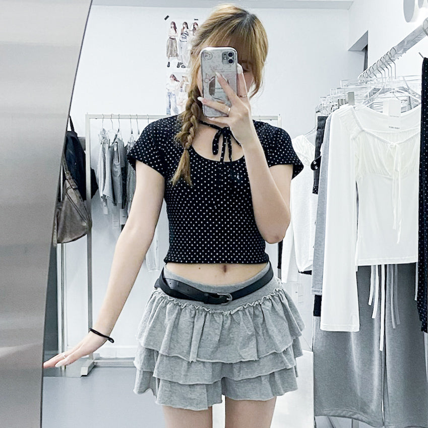 DOT DOT RIBBON SEMI CROP TOP/ 2色