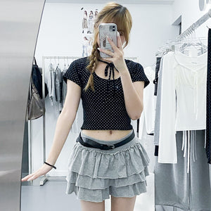 DOT DOT RIBBON SEMI CROP TOP/ 2色