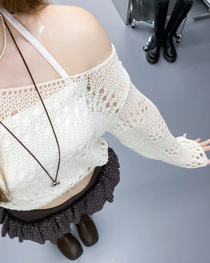 [入秋必選] BOAT-NECK可跌膊鏤空CROP KNIT/ 3色