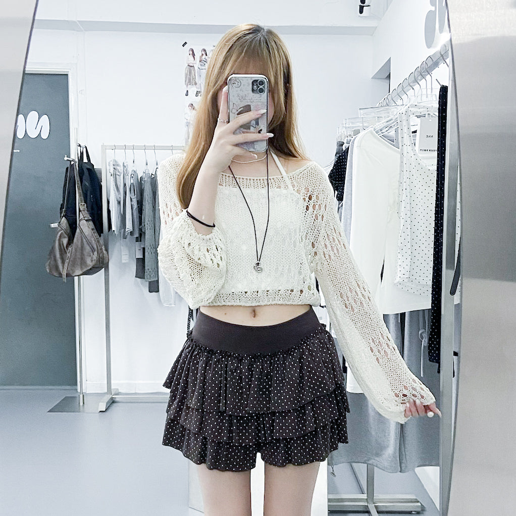 [入秋必選] BOAT-NECK可跌膊鏤空CROP KNIT/ 3色