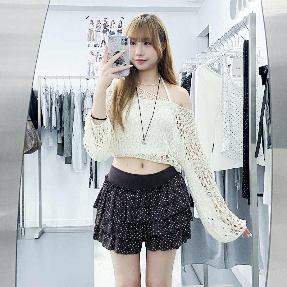 [入秋必選] BOAT-NECK可跌膊鏤空CROP KNIT/ 3色
