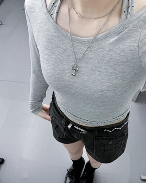 [SET] DOT DOT HALTER TOP LAYERED LONG SLEEVE SET/ 3色