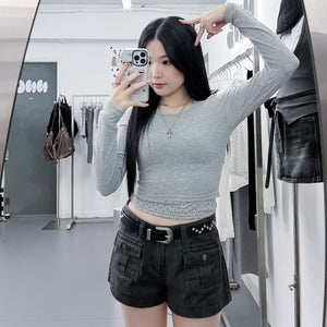 [SET] DOT DOT HALTER TOP LAYERED LONG SLEEVE SET/ 3色