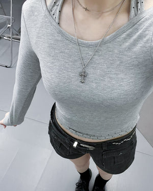 [SET] DOT DOT HALTER TOP LAYERED LONG SLEEVE SET/ 3色