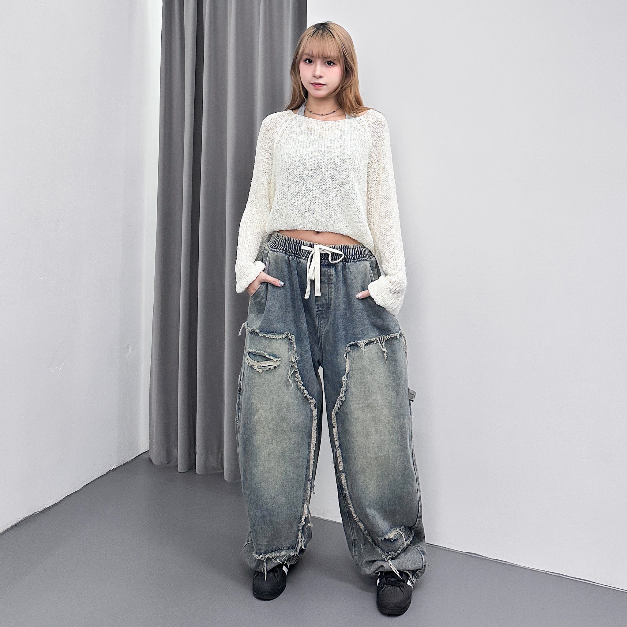 [BEST] UNISEX做舊復古蘇蘇邊SUPER WIDE DENIM PANTS/ 2色