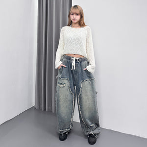 [BEST] UNISEX做舊復古蘇蘇邊SUPER WIDE DENIM PANTS/ 2色