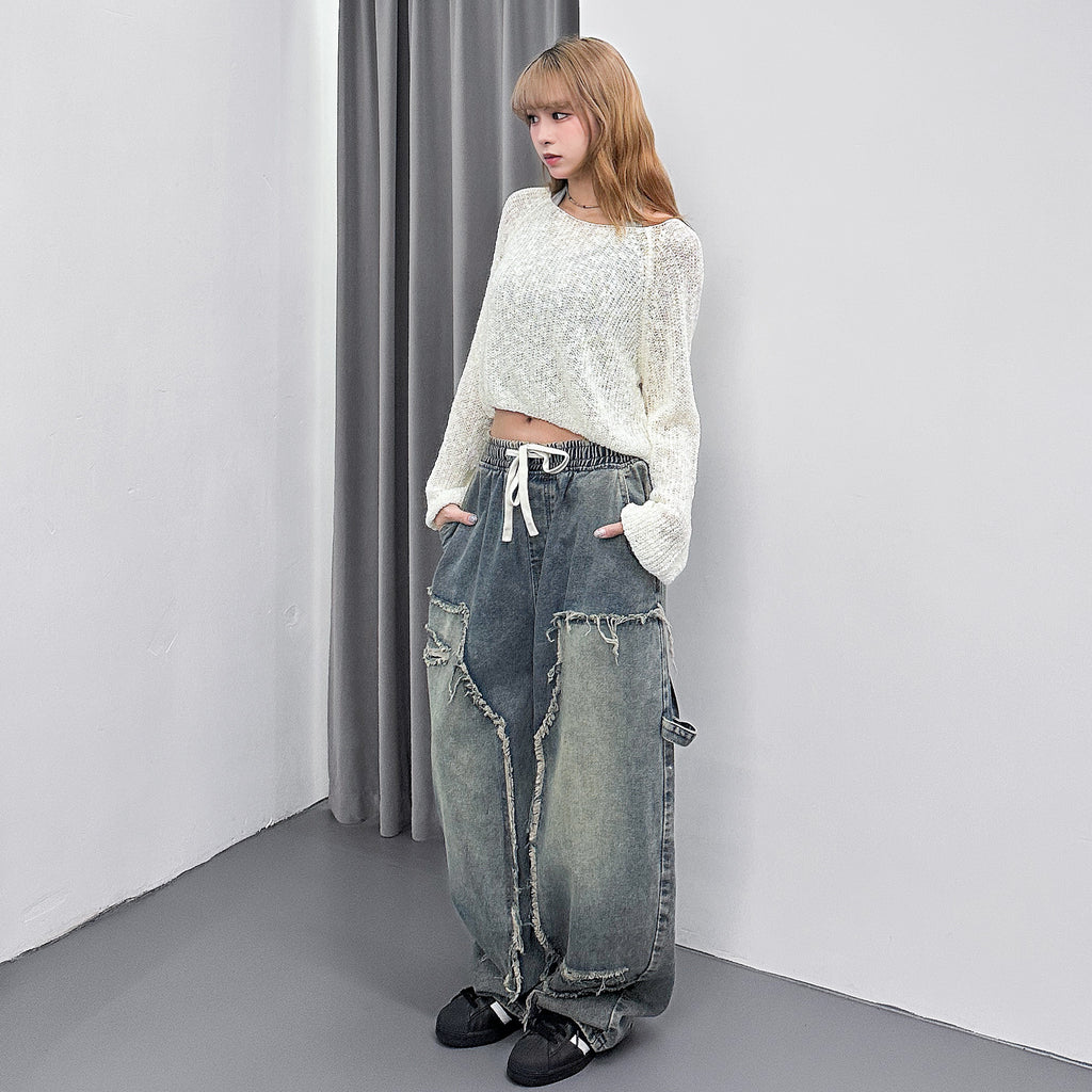 [BEST] UNISEX做舊復古蘇蘇邊SUPER WIDE DENIM PANTS/ 2色
