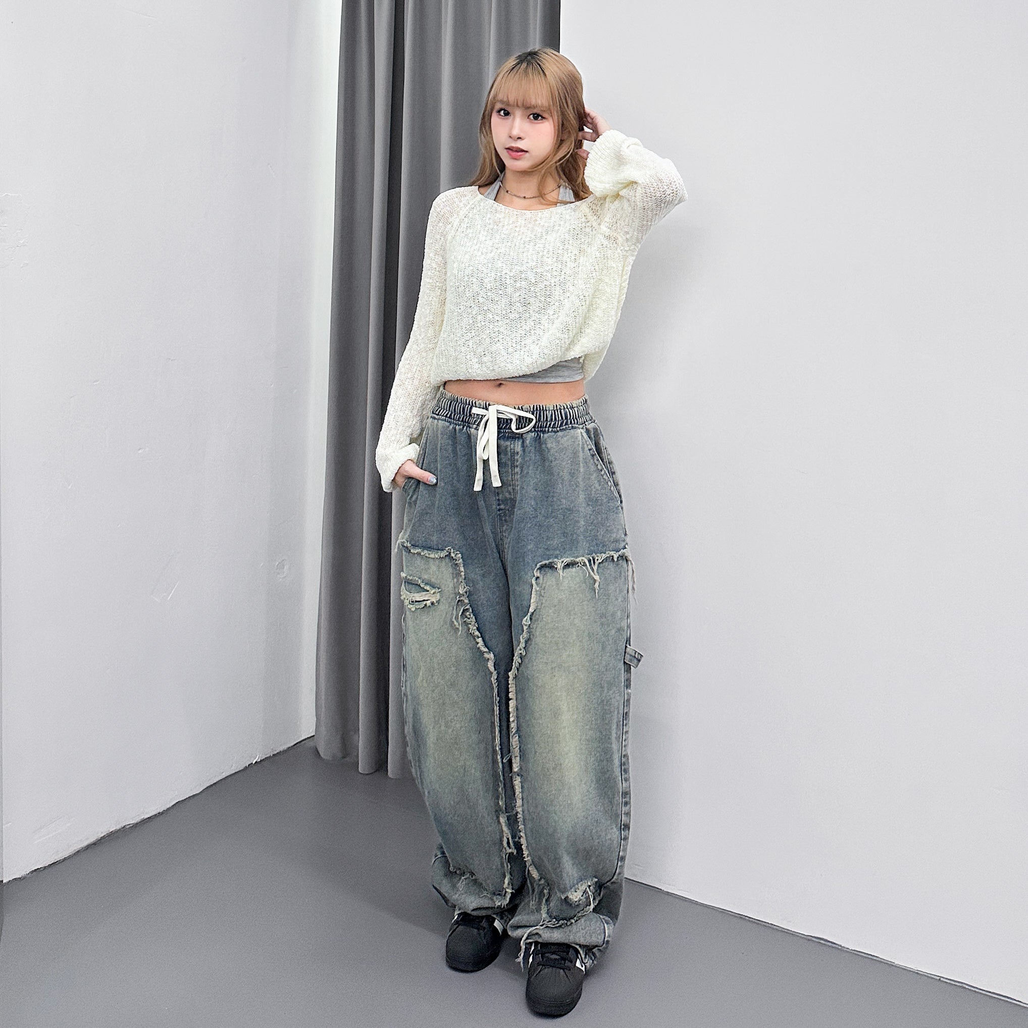 [BEST] UNISEX做舊復古蘇蘇邊SUPER WIDE DENIM PANTS/ 2色