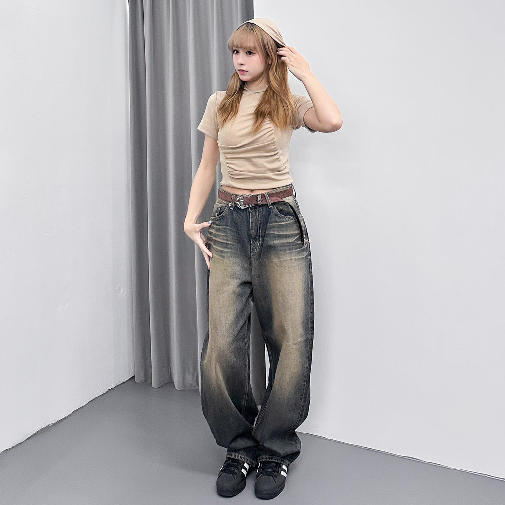 [細腰圍OK!] SAND WASHING WIDE DENIM PANTS/ 1色