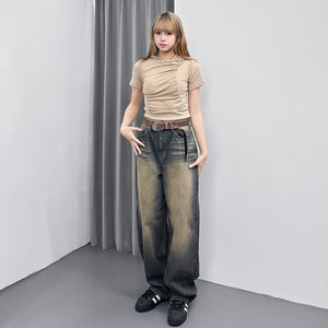 [細腰圍OK!] SAND WASHING WIDE DENIM PANTS/ 1色