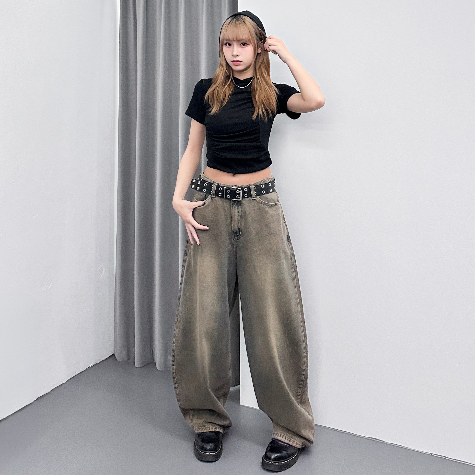 膊位鏤空WRINKLE HOODED CROP TEE/ 2色