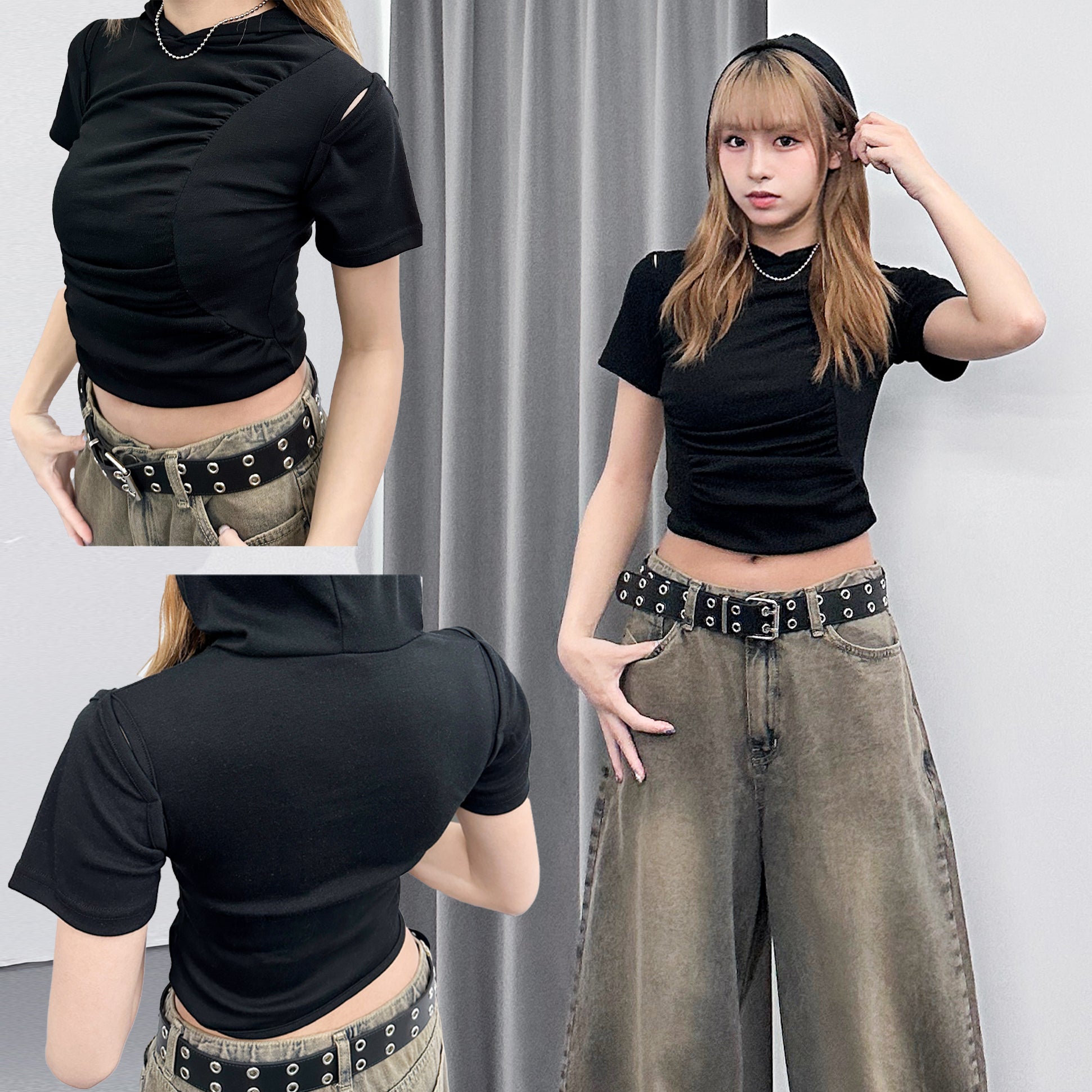 膊位鏤空WRINKLE HOODED CROP TEE/ 2色