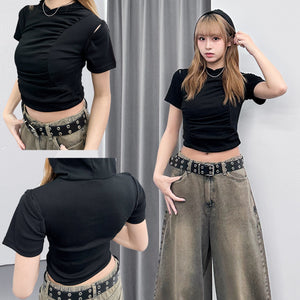 膊位鏤空WRINKLE HOODED CROP TEE/ 2色