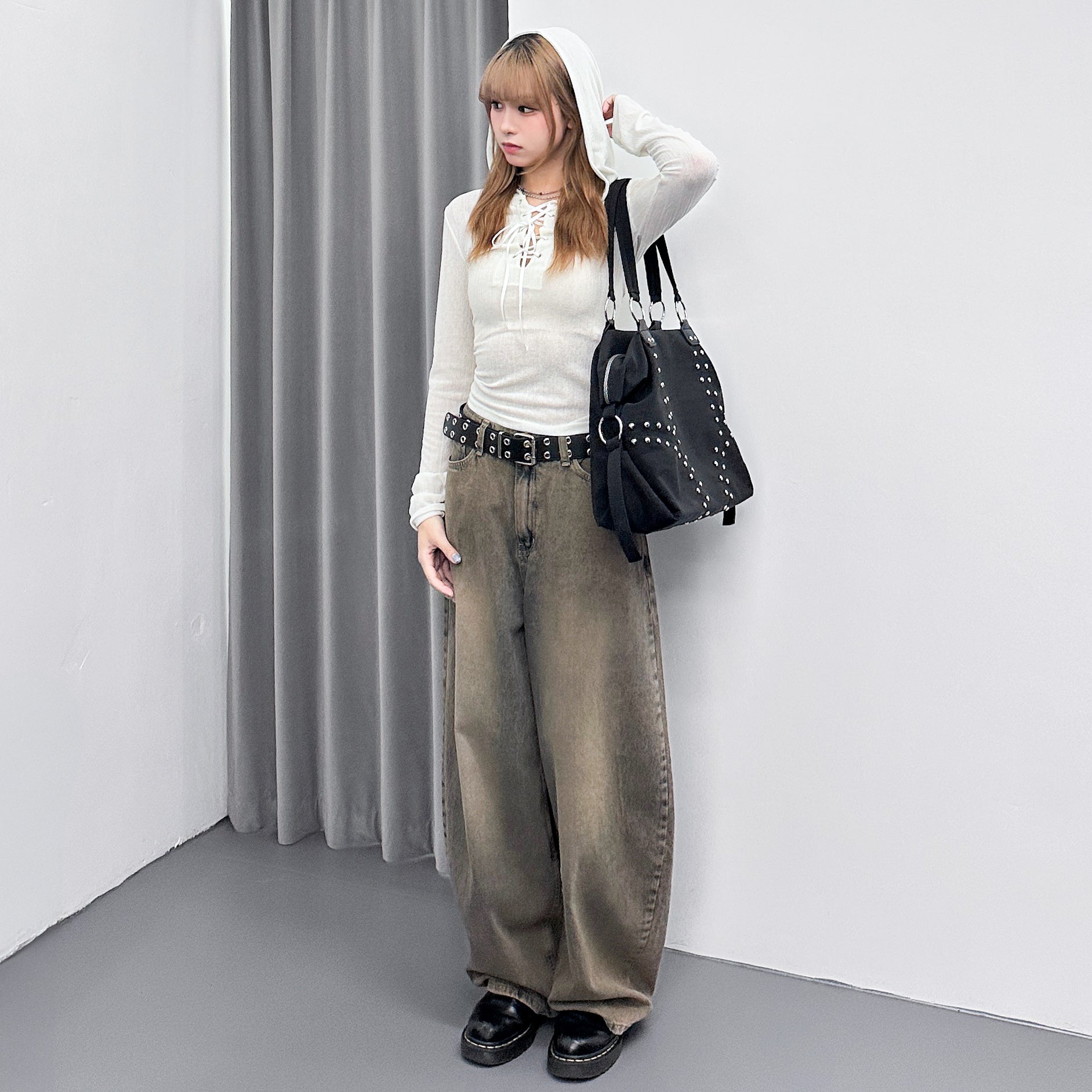 SEE- THROUGH HOODED LONG SLEEVE TOP/ 2色