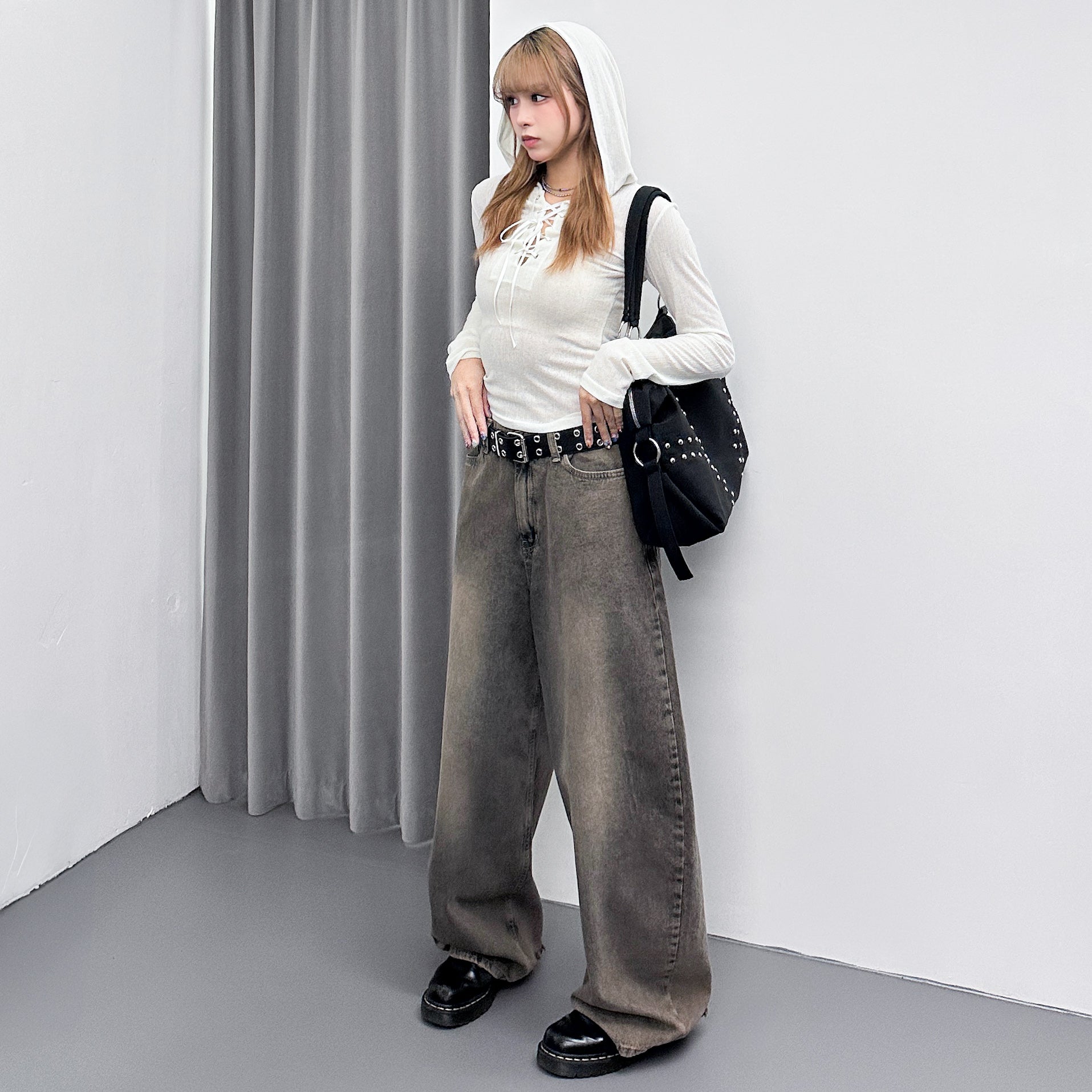 SEE- THROUGH HOODED LONG SLEEVE TOP/ 2色