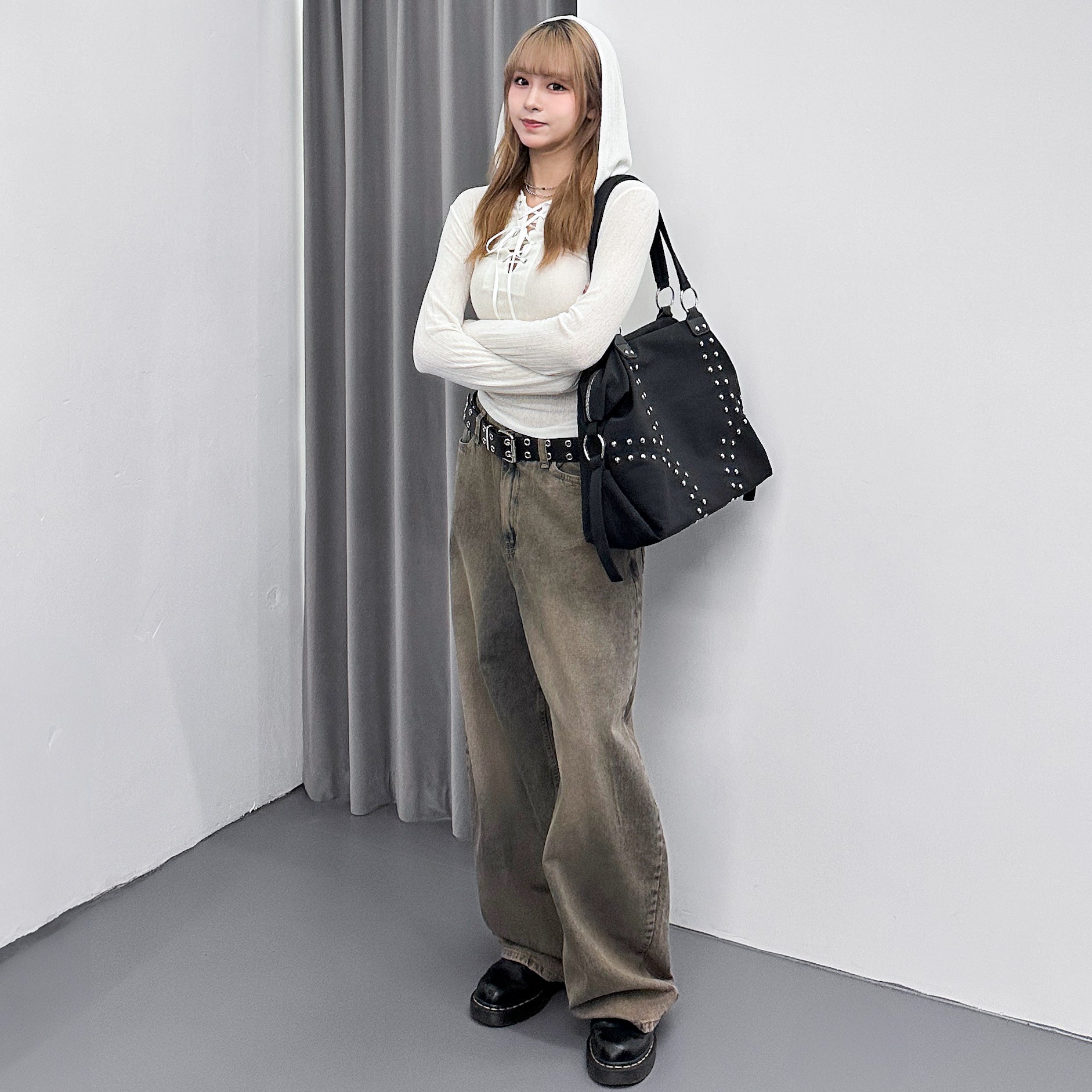 SEE- THROUGH HOODED LONG SLEEVE TOP/ 2色