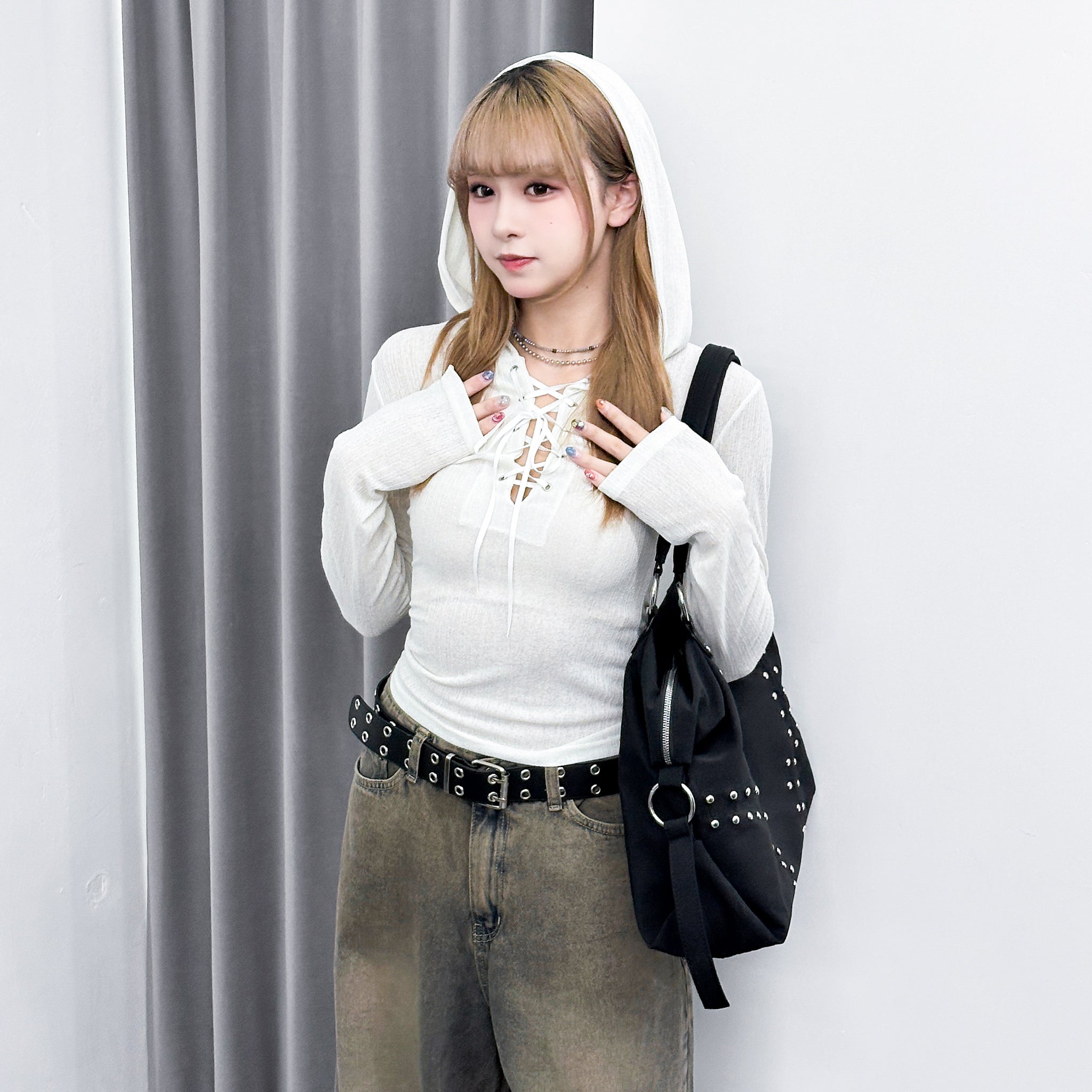 SEE- THROUGH HOODED LONG SLEEVE TOP/ 2色