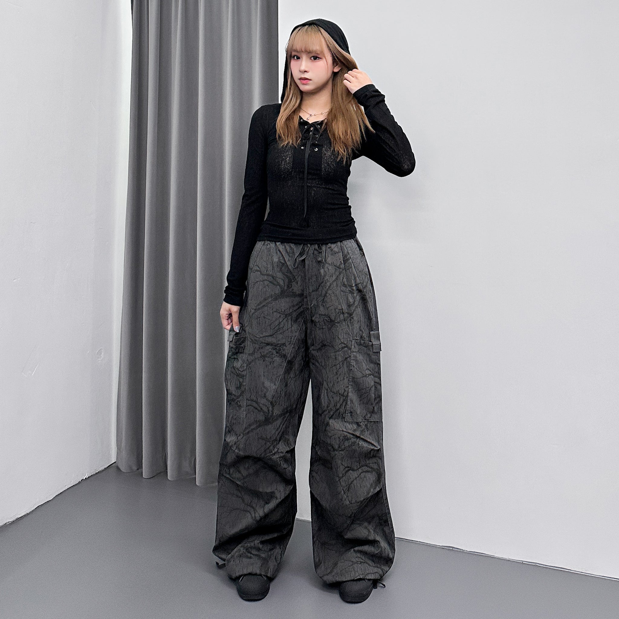 SEE- THROUGH HOODED LONG SLEEVE TOP/ 2色